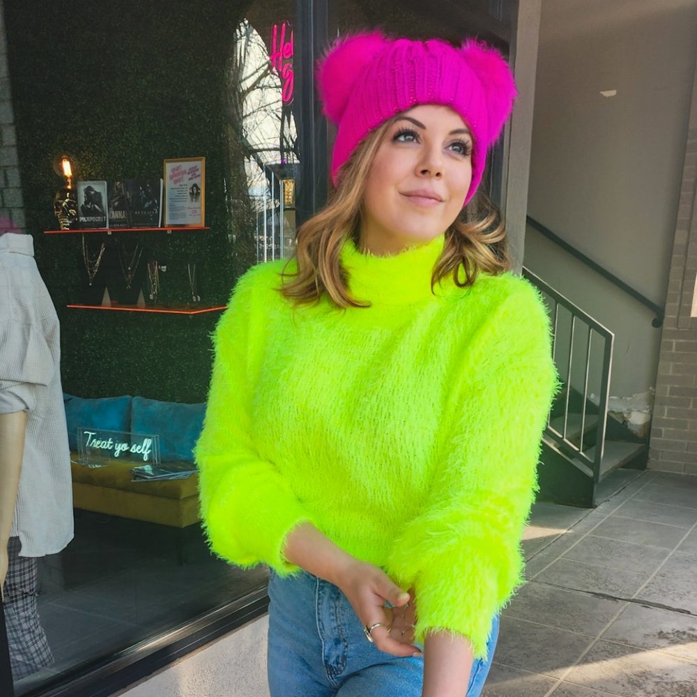 Super Soft Fuzzy Neon Yellow/Green Turtleneck Sweater